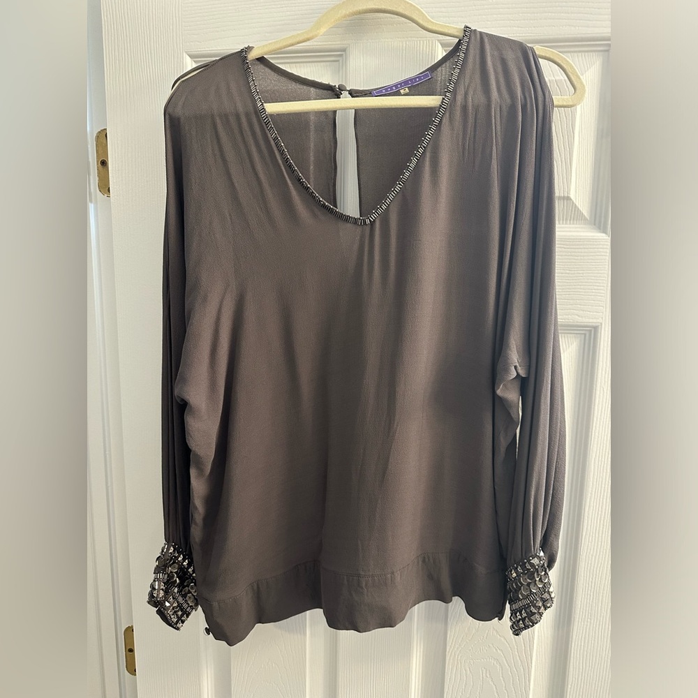 Ladies grey silk blouse by Sugarlips size M. Sheer with metal detail